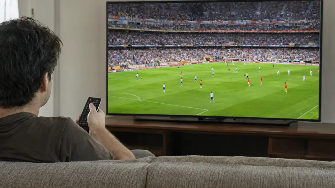 Person on a sofa holding a Fire TV remote while a football match fills the television screen