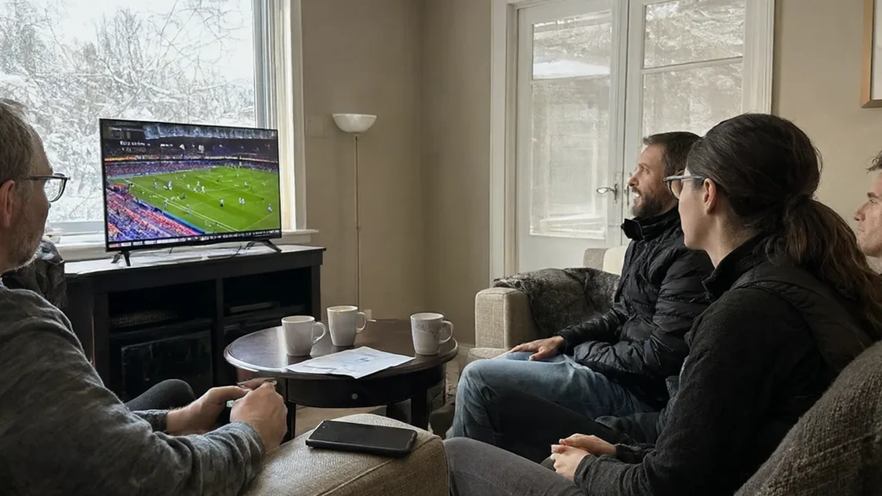 Friends in a Toronto living room watching a Premier League match on TV with coffee mugs on the table